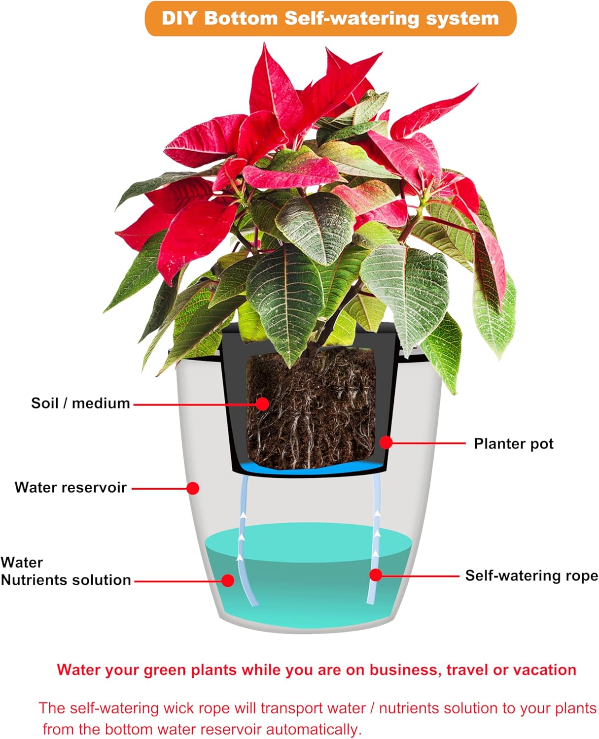 200 feet 1/4 inch Self Watering Capillary Wick Cord Vacation Plant Sitter DIY Hydroponic Wicking Rope Seeds Start Planter Pot Automatic Potted Flower Passive Lazy Waterer String System Device