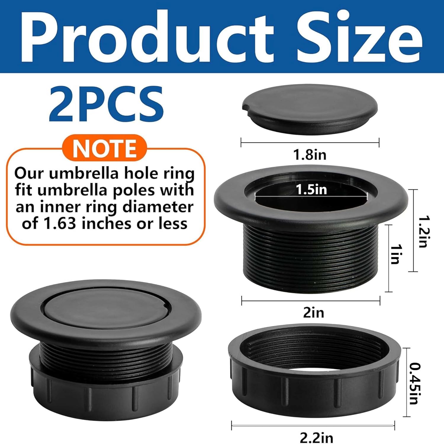 2 Pcs 2 Inch Parasol Umbrella Hole Ring Plug and Cap Set, Thicker Patio Table Hole Cover Insert, Deck Table Umbrella Holes Plug Replacement Parts for Outdoor Patio Table Garden Yard