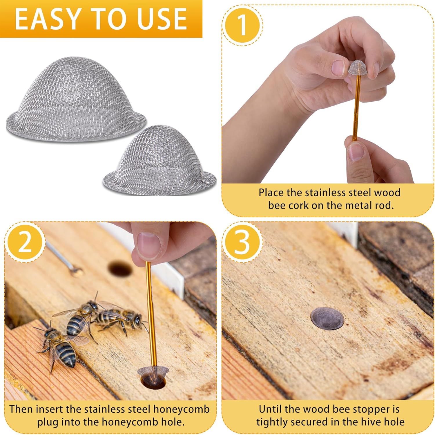 50 Pcs Stainless Steel Carpenter Bee Corks, 2 Sizes Carpenter Bee Plugs Hole Filler, Tapered Bee Holes Repair Kit for Outside Porches Furnitures