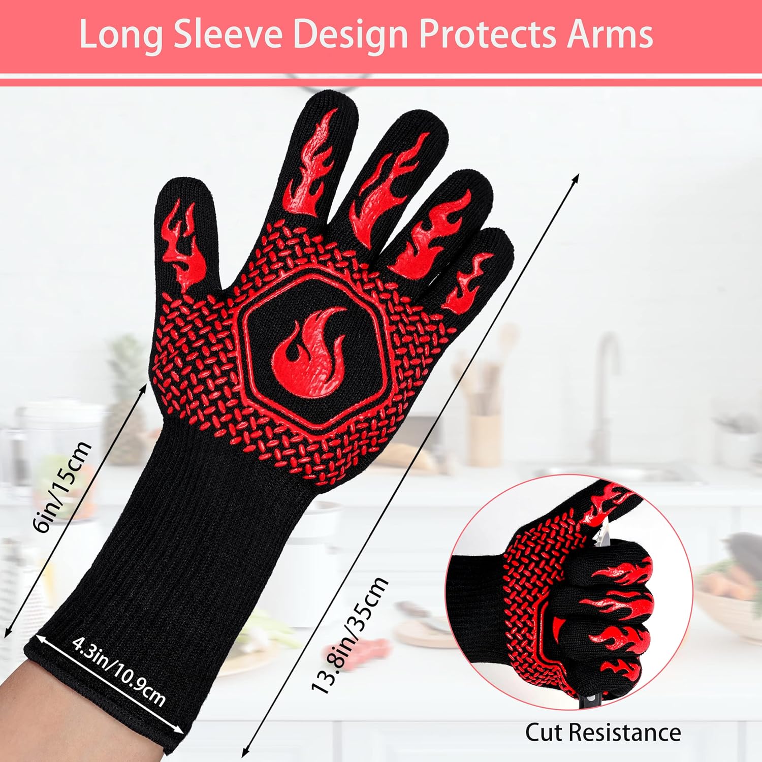BBQ Fireproof Gloves, Grill Cut-Resistant 1472°F Heat Resistant Gloves, Non-Slip Silicone Oven Gloves, Kitchen Safe Cooking Gloves for Oven Mitts,Barbecue,Cooking, Frying,13.8 Inch-Red