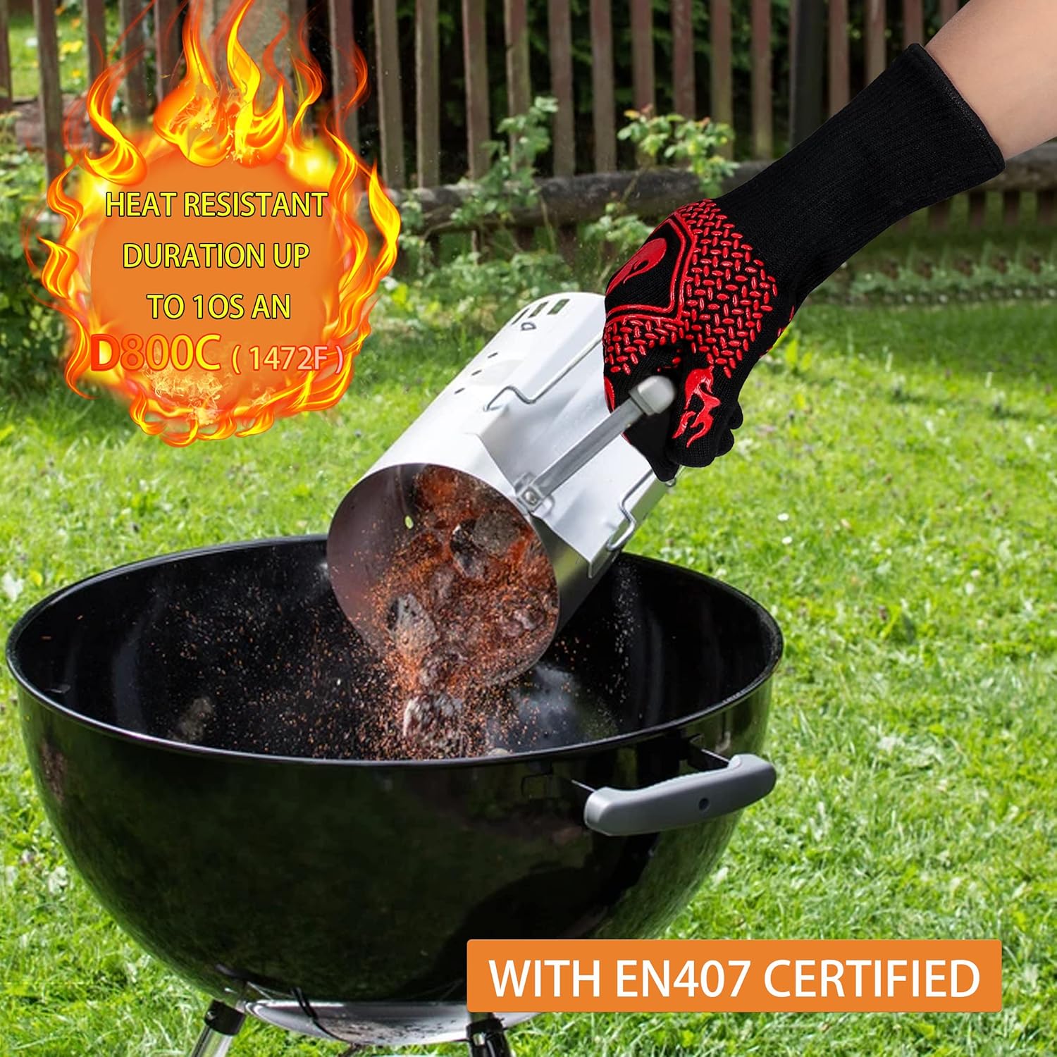 BBQ Fireproof Gloves, Grill Cut-Resistant 1472°F Heat Resistant Gloves, Non-Slip Silicone Oven Gloves, Kitchen Safe Cooking Gloves for Oven Mitts,Barbecue,Cooking, Frying,13.8 Inch-Red