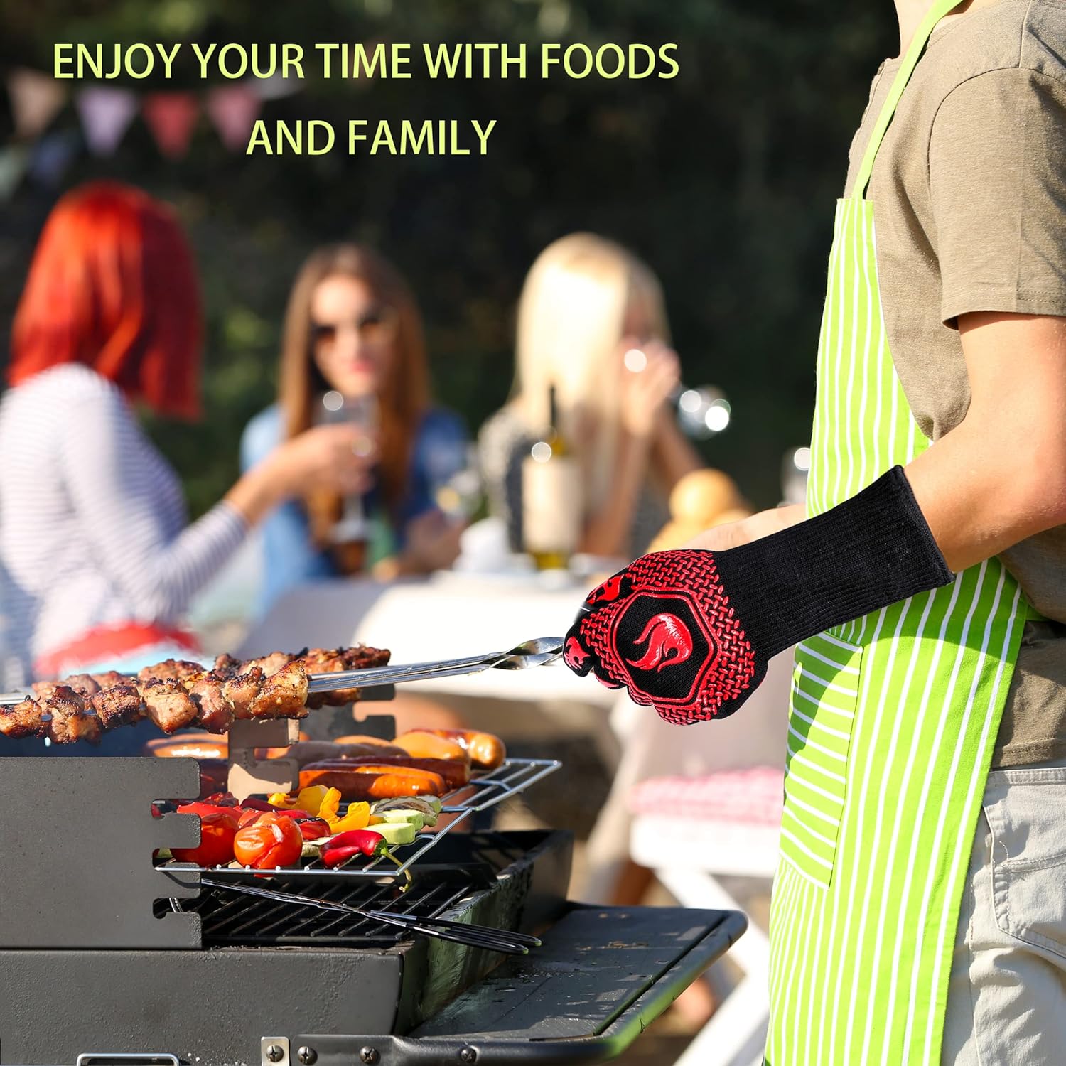 BBQ Fireproof Gloves, Grill Cut-Resistant 1472°F Heat Resistant Gloves, Non-Slip Silicone Oven Gloves, Kitchen Safe Cooking Gloves for Oven Mitts,Barbecue,Cooking, Frying,13.8 Inch-Red