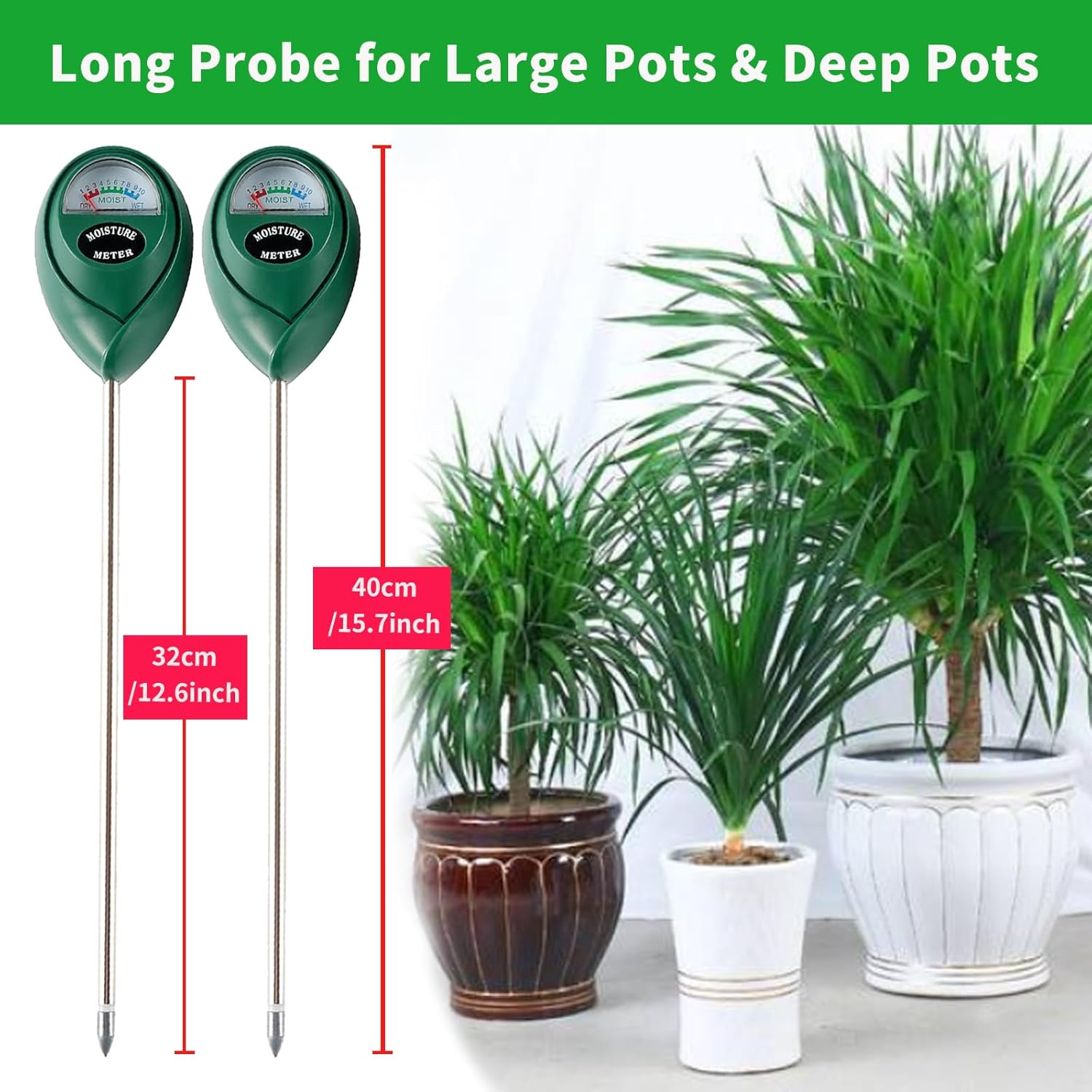 Extended Long Probe Soil Moisture Meter, 2 Pack Plant Water Meter Soil Meter Moisture Sensor Hygrometer for Indoor Outdoor Plant Care,No Battery Needed Green