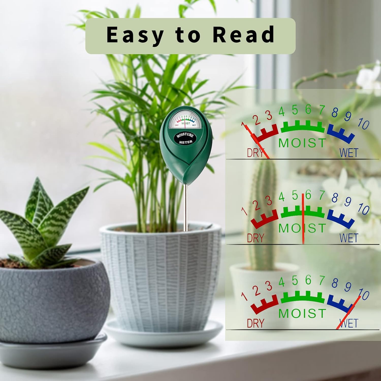 Extended Long Probe Soil Moisture Meter, 2 Pack Plant Water Meter Soil Meter Moisture Sensor Hygrometer for Indoor Outdoor Plant Care,No Battery Needed Green
