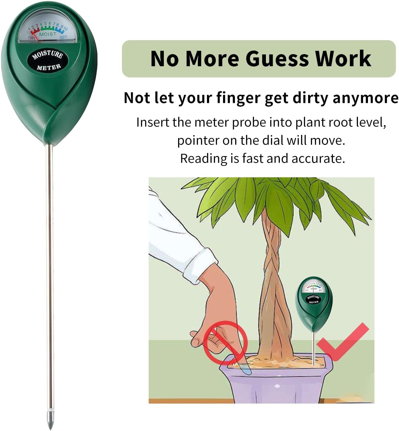 Extended Long Probe Soil Moisture Meter, 2 Pack Plant Water Meter Soil Meter Moisture Sensor Hygrometer for Indoor Outdoor Plant Care,No Battery Needed Green