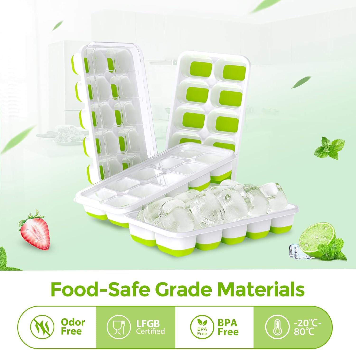 Ice Cube Tray with Lids - 4 Pack Stackable Silicone Ice Trays for Freezer, BPA & LFGB Safe, Easy Release for Kitchen, RV, Cocktail, Coffee, Soup & Food