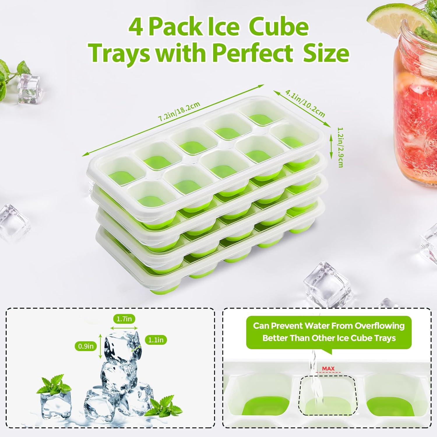 Ice Cube Tray with Lids - 4 Pack Stackable Silicone Ice Trays for Freezer, BPA & LFGB Safe, Easy Release for Kitchen, RV, Cocktail, Coffee, Soup & Food