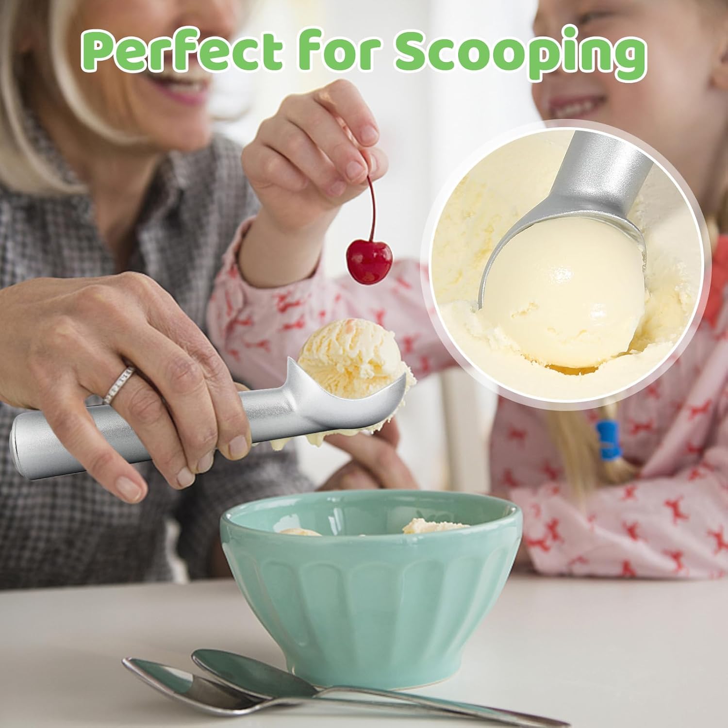 Ice Cream Scoop,7 inches Nonstick Anti-Freeze One Piece Aluminum Scooper Spoon, Heavy Duty Durable Design, Easy Clean, for Gelato, Cookie Dough, Sorbet, Almond Silver