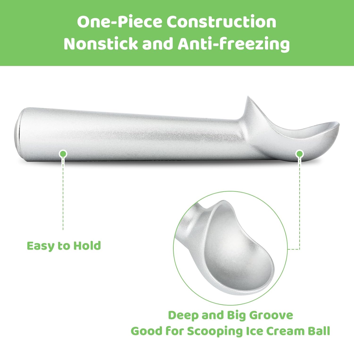 Ice Cream Scoop,7 inches Nonstick Anti-Freeze One Piece Aluminum Scooper Spoon, Heavy Duty Durable Design, Easy Clean, for Gelato, Cookie Dough, Sorbet, Almond Silver