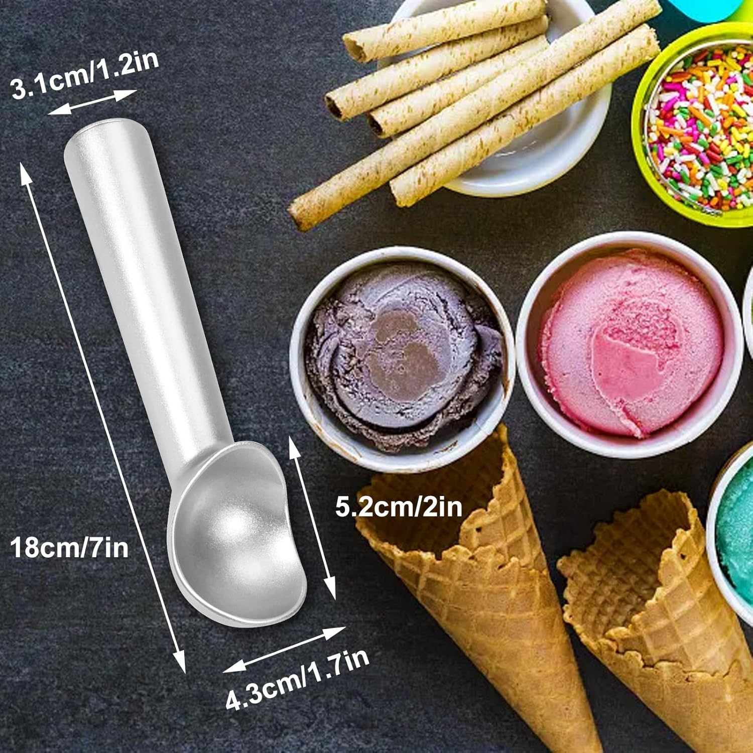 Ice Cream Scoop,7 inches Nonstick Anti-Freeze One Piece Aluminum Scooper Spoon, Heavy Duty Durable Design, Easy Clean, for Gelato, Cookie Dough, Sorbet, Almond Silver
