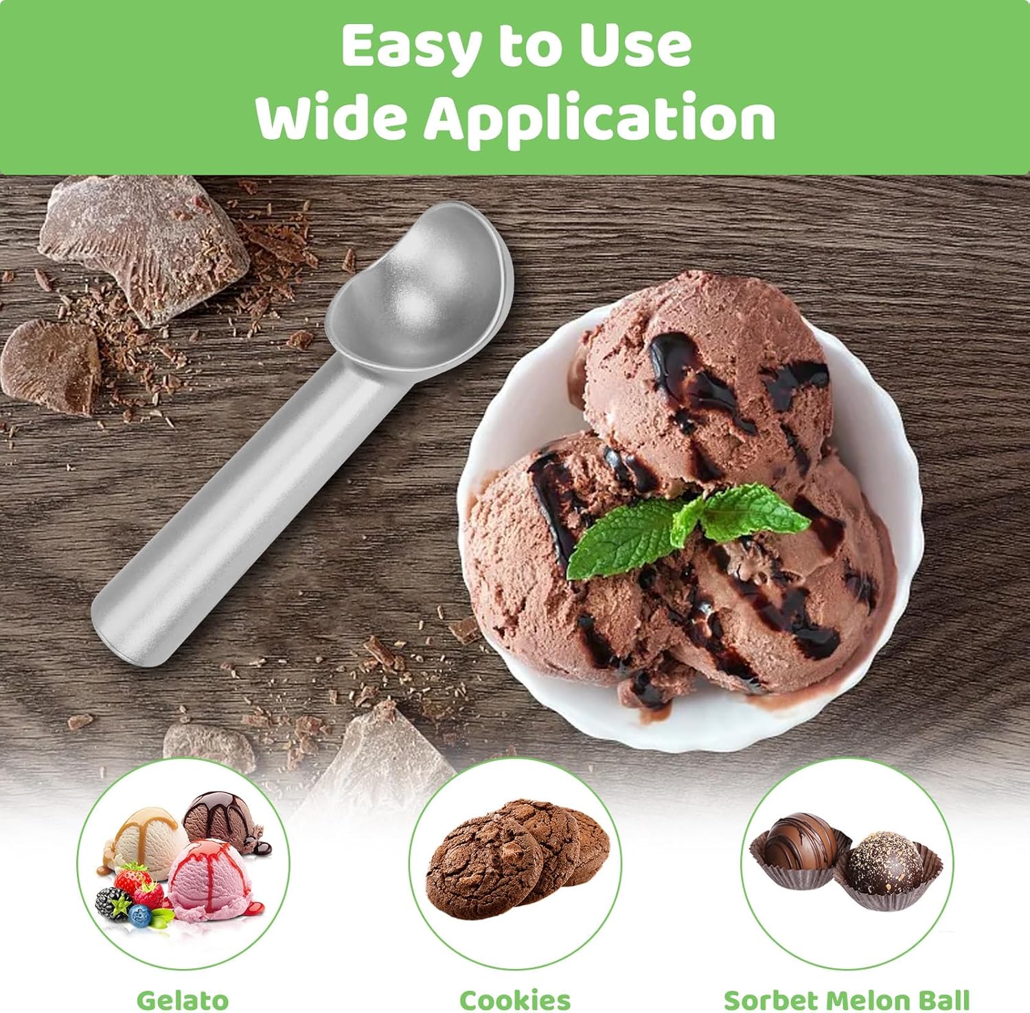 Ice Cream Scoop,7 inches Nonstick Anti-Freeze One Piece Aluminum Scooper Spoon, Heavy Duty Durable Design, Easy Clean, for Gelato, Cookie Dough, Sorbet, Almond Silver