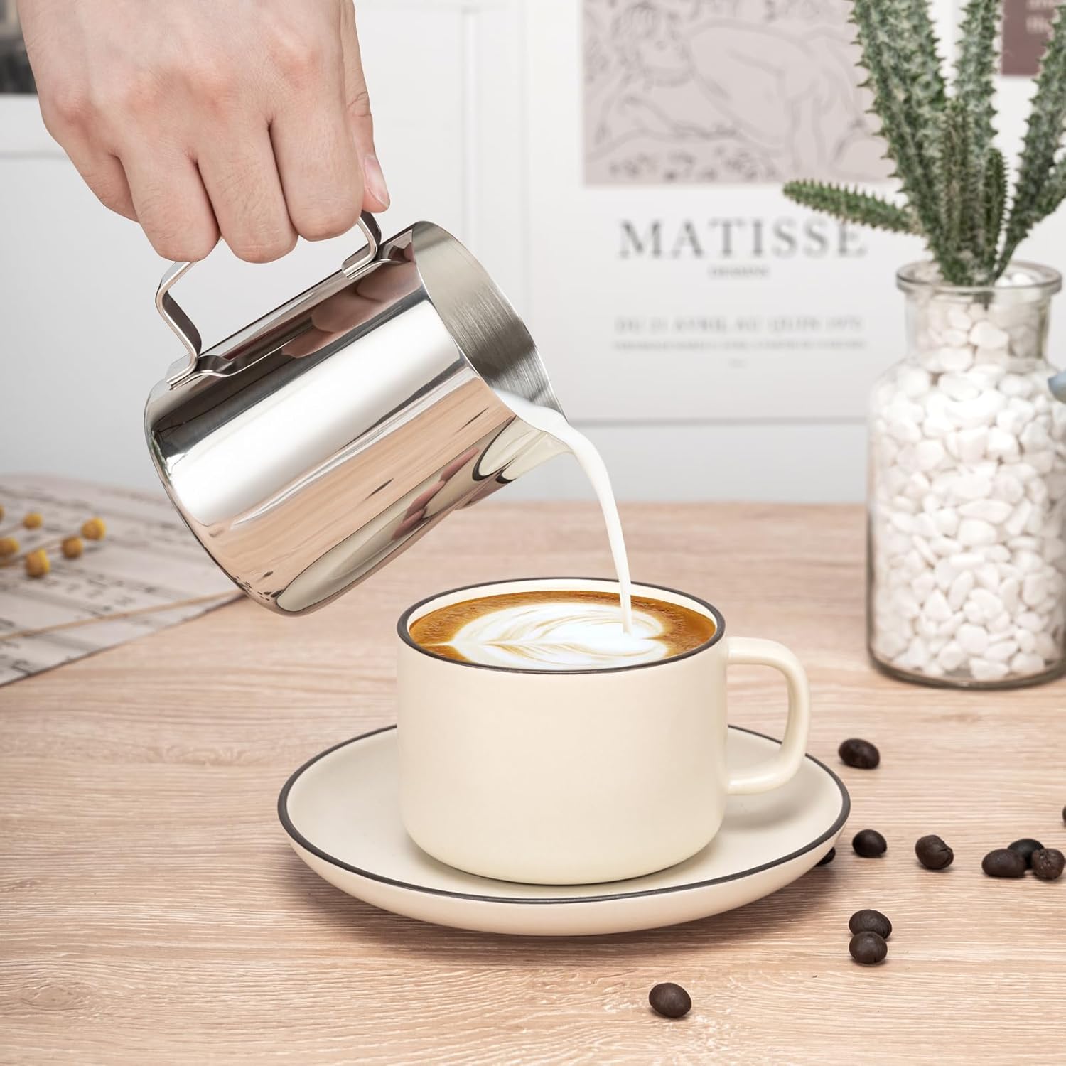 Milk Frothing Pitcher, 12oz Milk Frother Cup with Clear Scale, 304 Stainless Steel Cappuccino Espresso Machine Accessories for Barista Coffee Bar with Latte Art Pen, Silver
