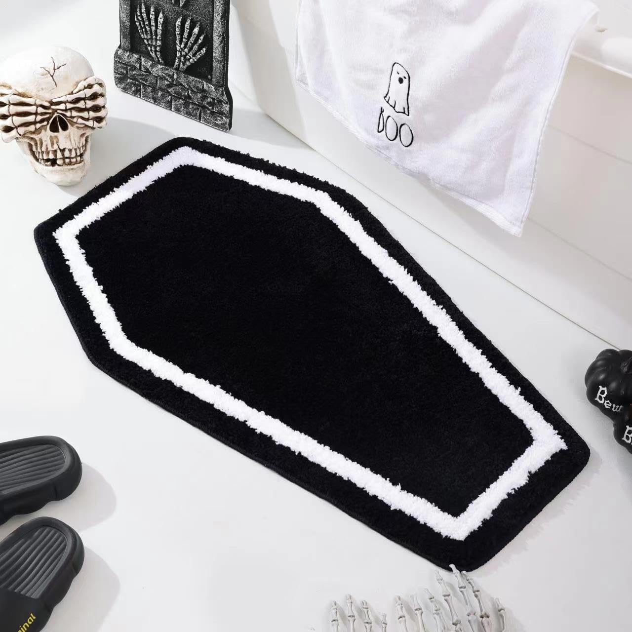 Halloween Decor Black Coffin Bath Mat for Bathroom, Cute Gothic Halloween Decoration Black Bathroom Rug Non Slip Cartoon Bath Rug Bathroom Mat Plush Shower Rugs Washable Black White