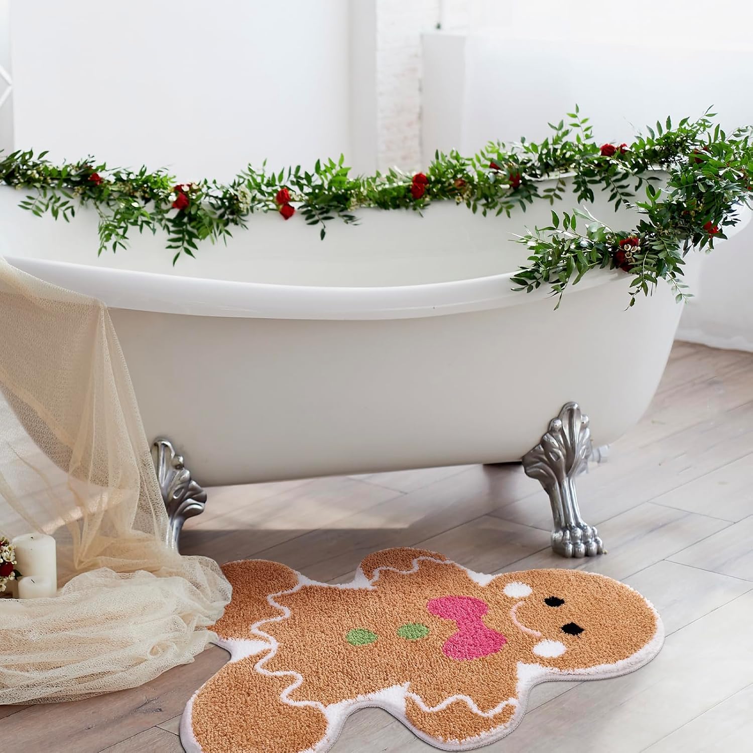 Cute Gingerbread Bath Mat for Bathroom Soft Water Absorbing Bath Rug with Non Slip Backing Fun Washable Bathroom Rug for Christmas Decor