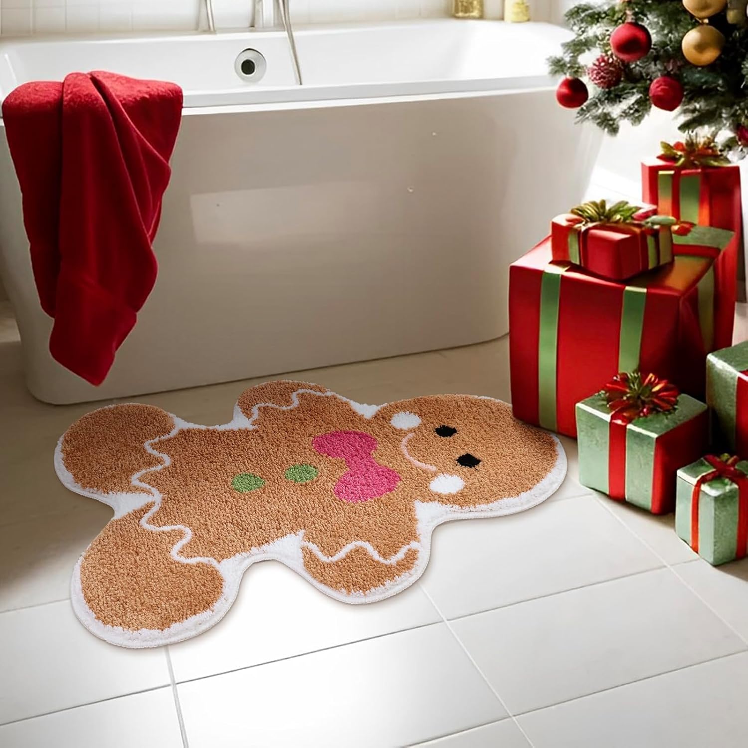 Cute Gingerbread Bath Mat for Bathroom Soft Water Absorbing Bath Rug with Non Slip Backing Fun Washable Bathroom Rug for Christmas Decor