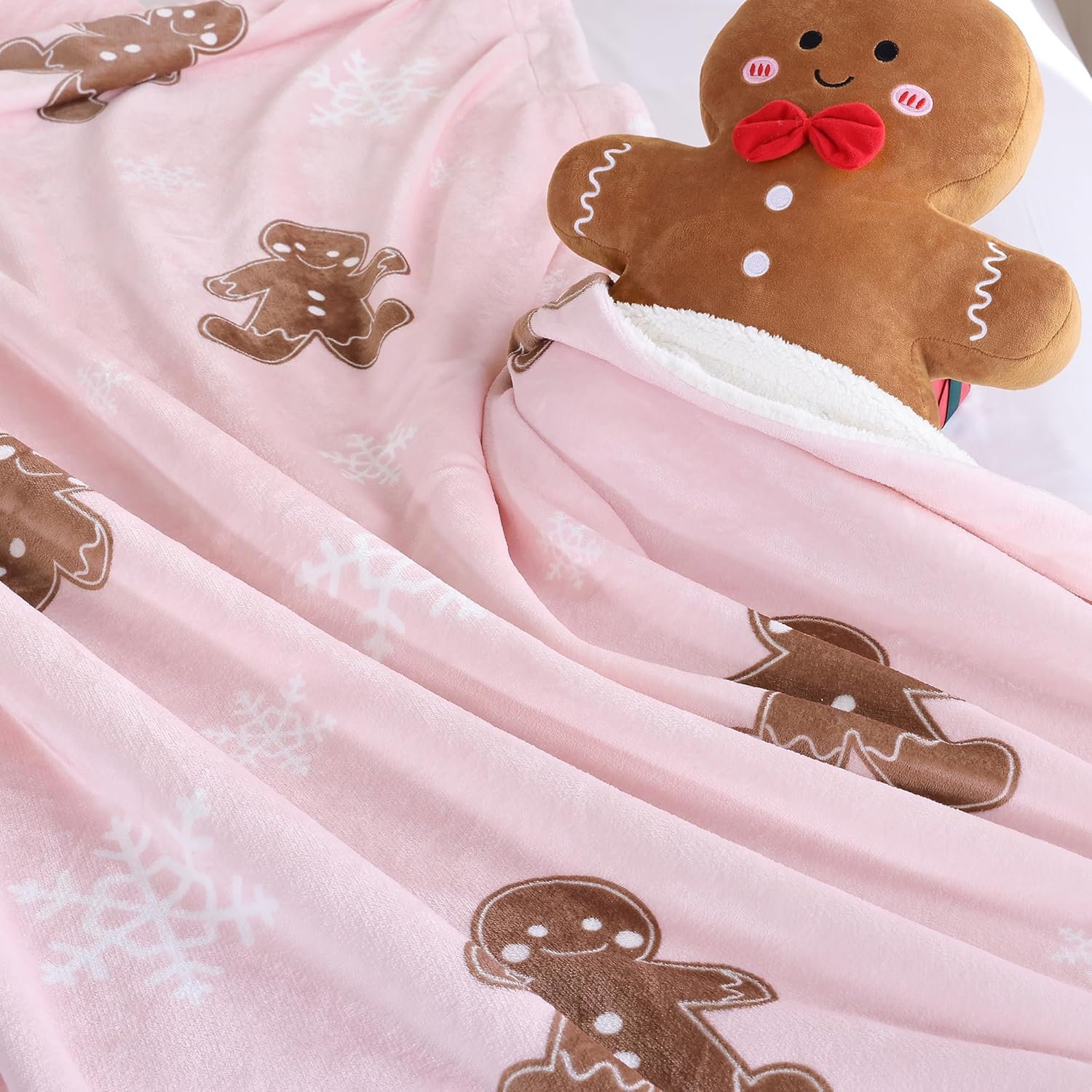 Pink Throw Blanket - Christmas Fluffy Blanket with Gingerbread and Snowflake Pattern - Reversible Sherpa Fleece Soft Blanket - Cozy Lightweight Throw Blanket for Couch Bed Sofa, 50x60 Inches