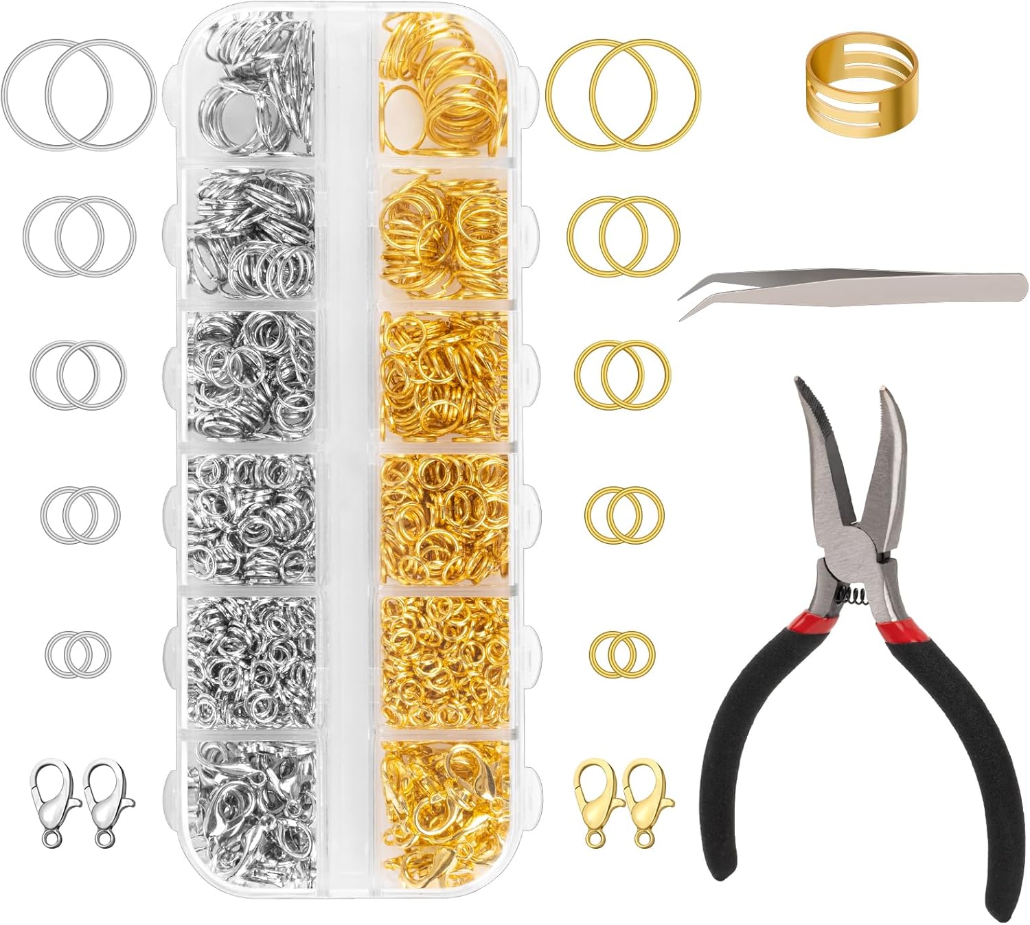1200 Pcs Jump Rings for Jewelry Making Supplies, Necklace Repair Kit with Open/Close Tools, Pliers, Tweezers, Lobster Clasps, Jewelry Jump Rings for Crafts and Key Chains Silver and Gold