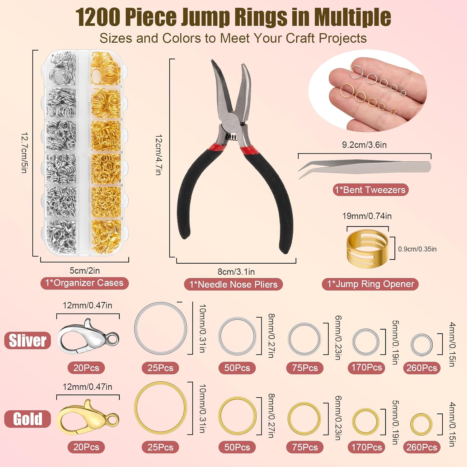 1200 Pcs Jump Rings for Jewelry Making Supplies, Necklace Repair Kit with Open/Close Tools, Pliers, Tweezers, Lobster Clasps, Jewelry Jump Rings for Crafts and Key Chains Silver and Gold