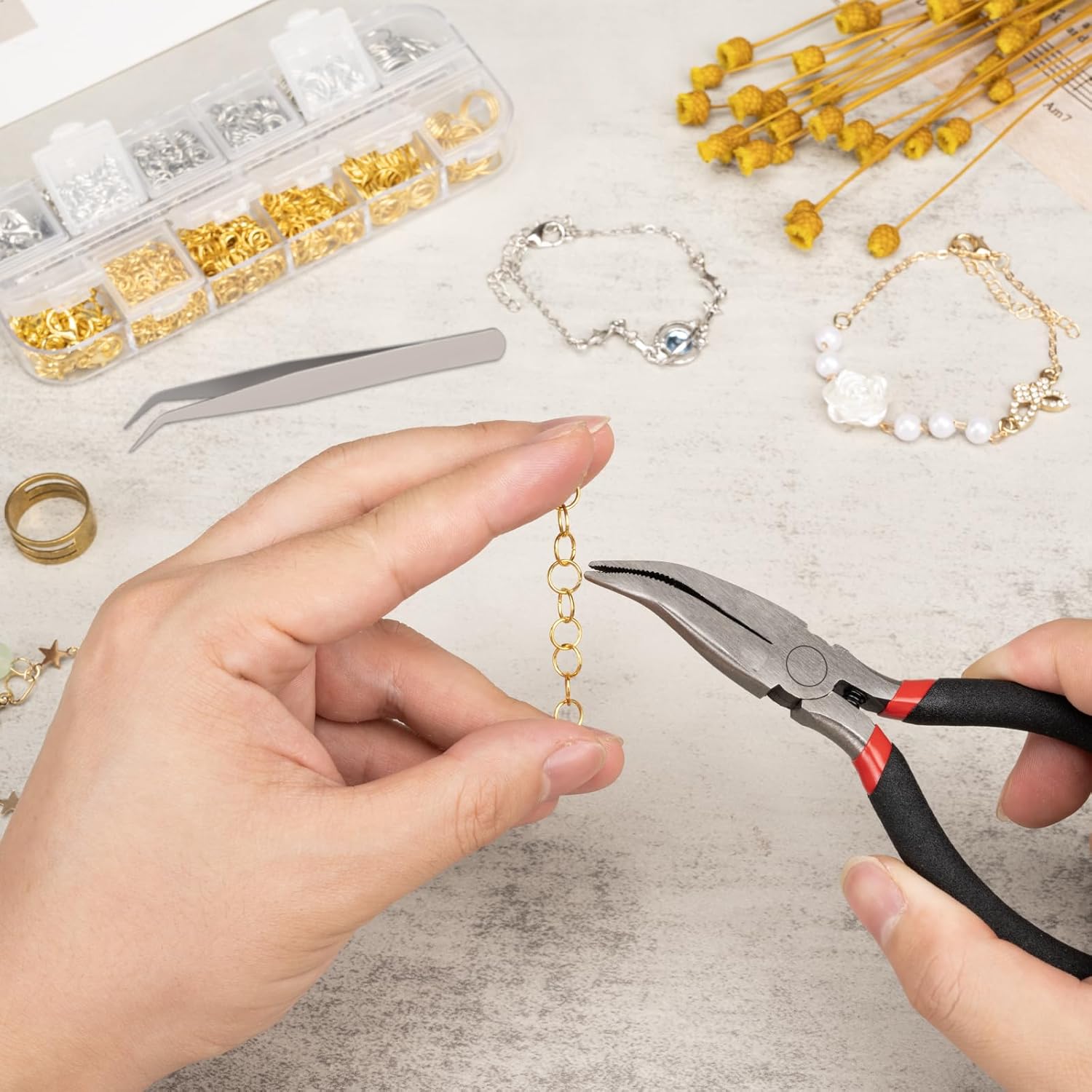 1200 Pcs Jump Rings for Jewelry Making Supplies, Necklace Repair Kit with Open/Close Tools, Pliers, Tweezers, Lobster Clasps, Jewelry Jump Rings for Crafts and Key Chains Silver and Gold