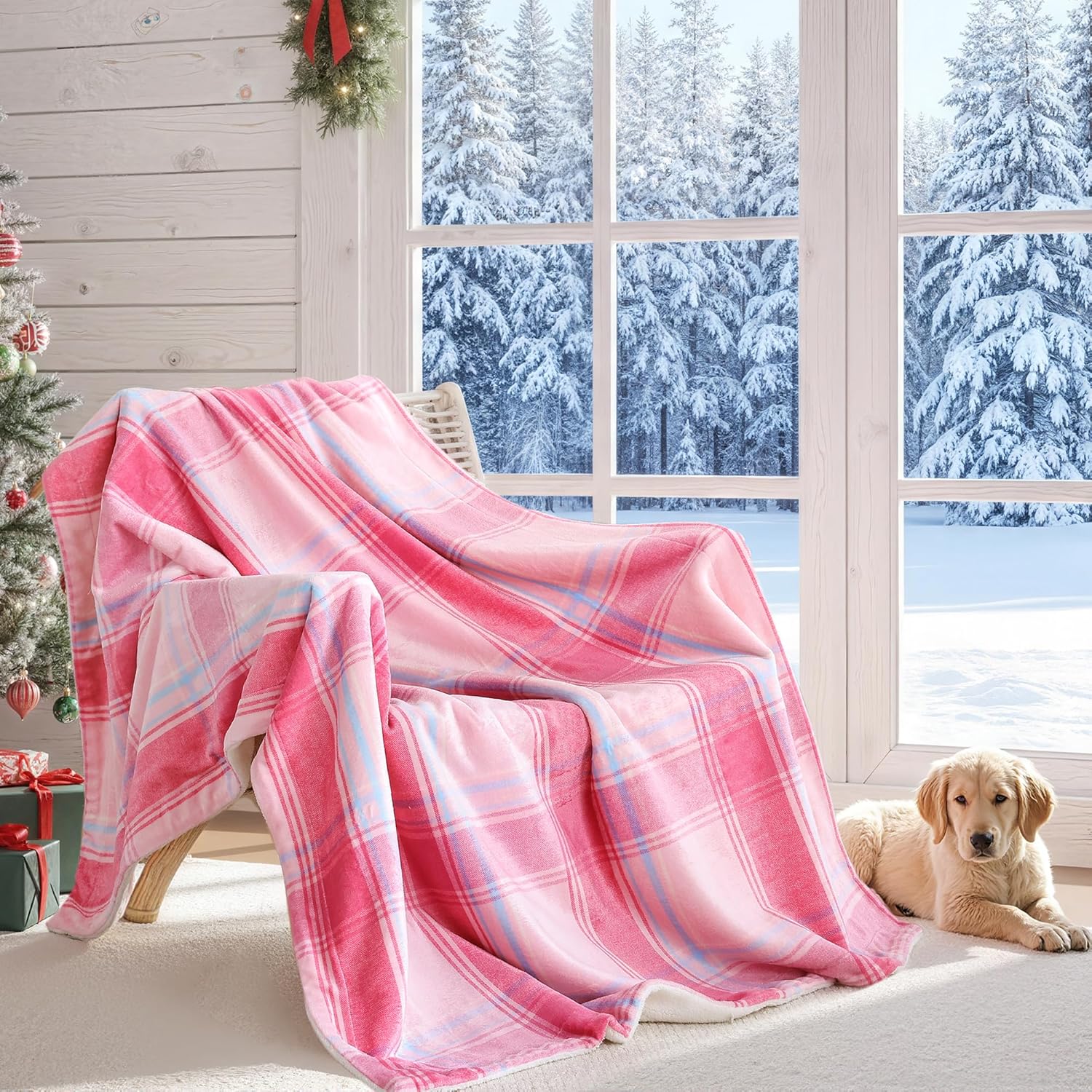 Christmas Plaid Pink Blanket - Soft Sherpa & Flannel Throw Blanket for Couch and Bed, Lightweight Cozy Checkered Fleece Blanket 50x60 Inches - Classic Buffalo Style for Christmas Decor