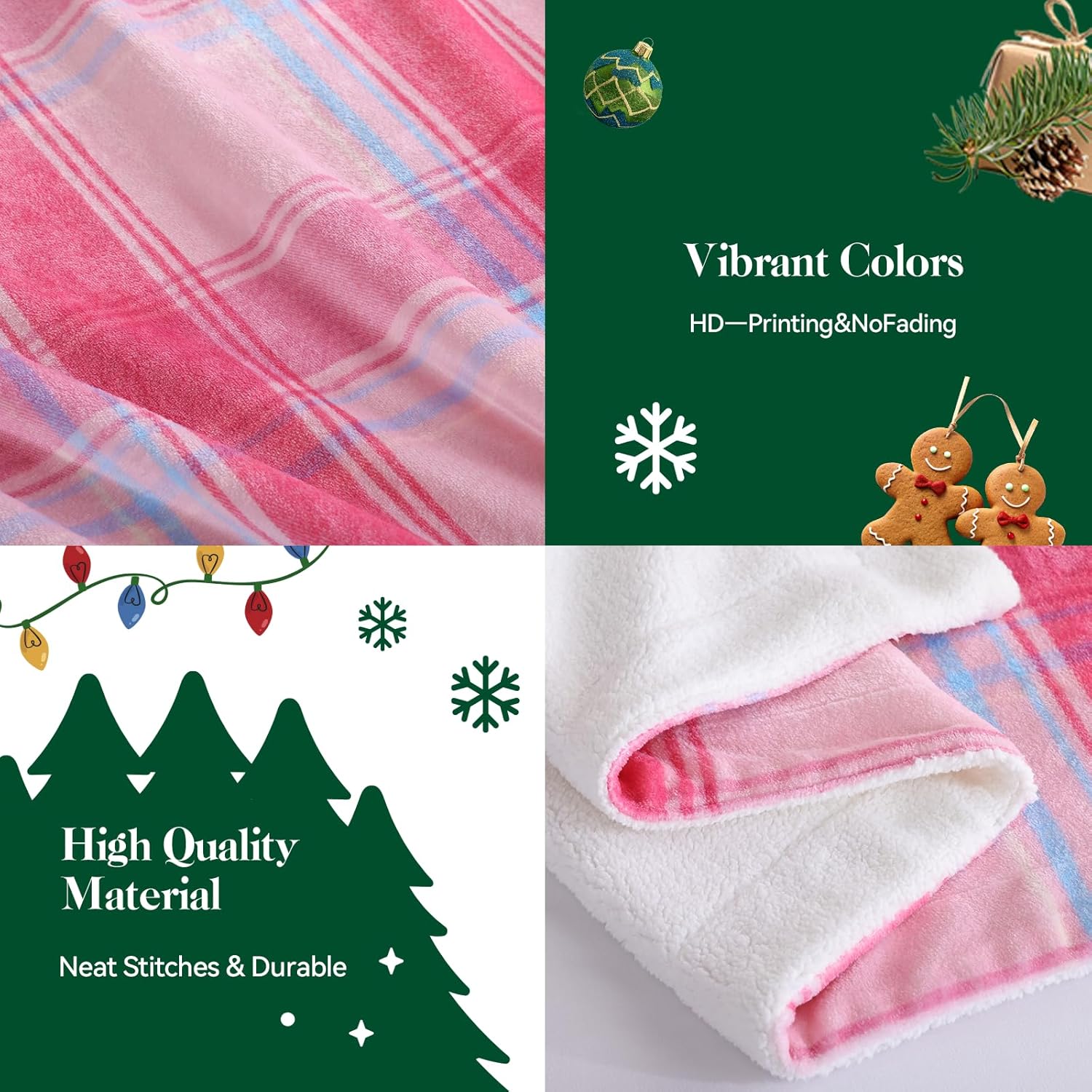 Christmas Plaid Pink Blanket - Soft Sherpa & Flannel Throw Blanket for Couch and Bed, Lightweight Cozy Checkered Fleece Blanket 50x60 Inches - Classic Buffalo Style for Christmas Decor
