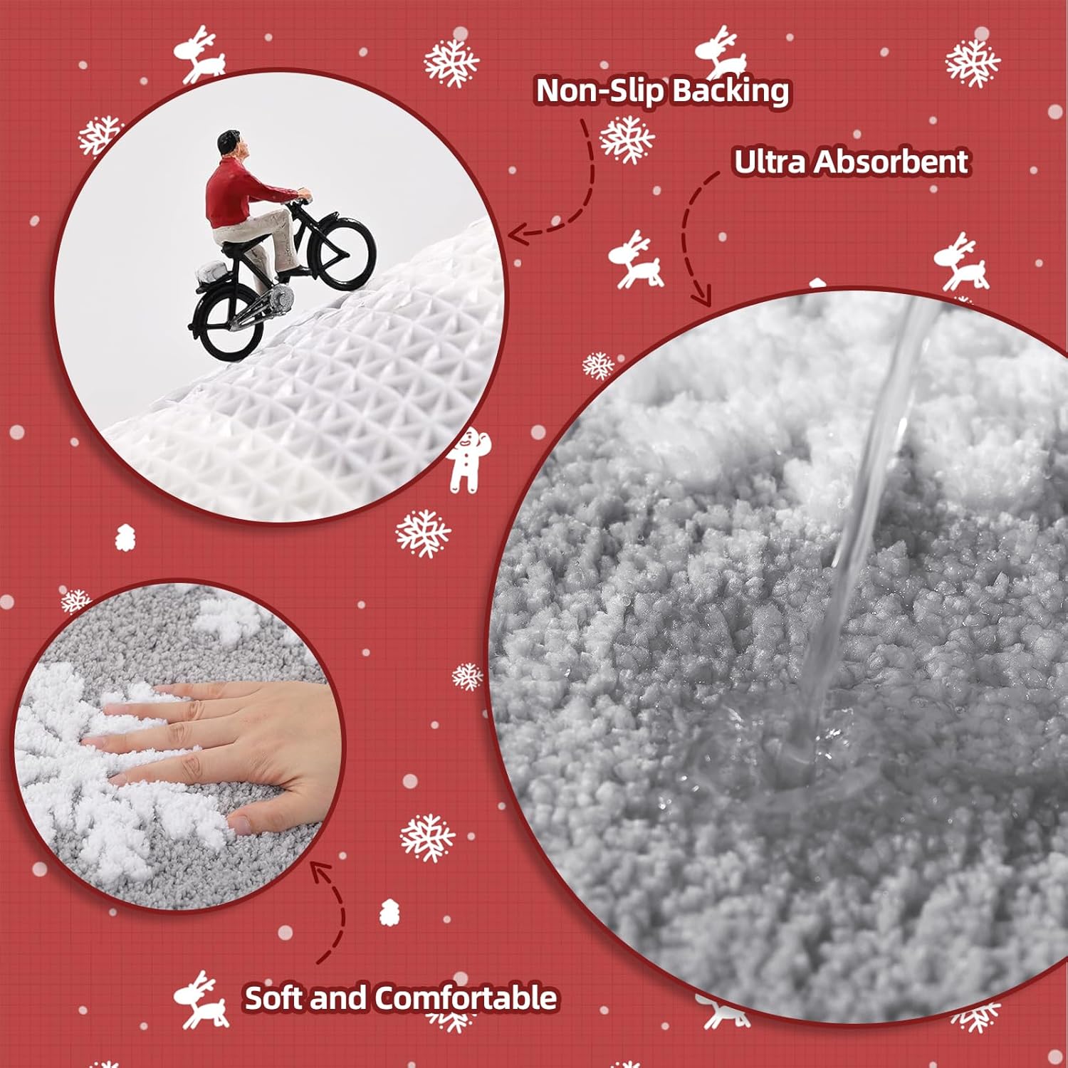 Christmas Grey Snowflake Bath Mat for Bathroom - Cute Absorbent Washable Bathroom Rugs with Non Slip Backing - Fun Snowflake Bathroom Mat for Christmas Decorations
