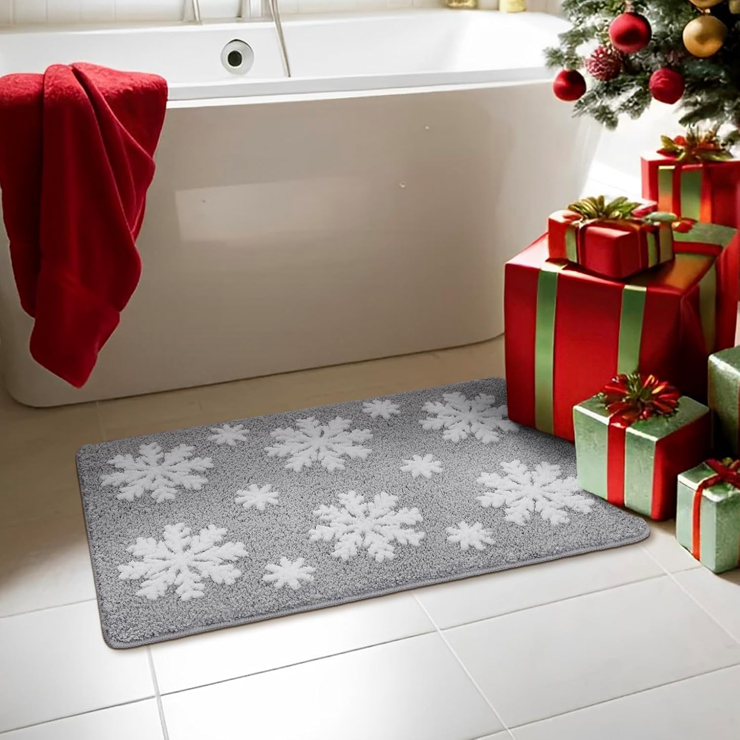 Christmas Grey Snowflake Bath Mat for Bathroom - Cute Absorbent Washable Bathroom Rugs with Non Slip Backing - Fun Snowflake Bathroom Mat for Christmas Decorations