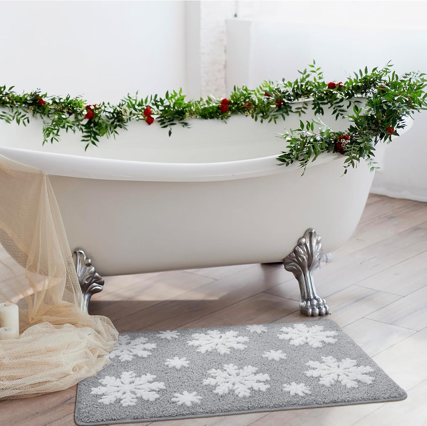 Christmas Grey Snowflake Bath Mat for Bathroom - Cute Absorbent Washable Bathroom Rugs with Non Slip Backing - Fun Snowflake Bathroom Mat for Christmas Decorations