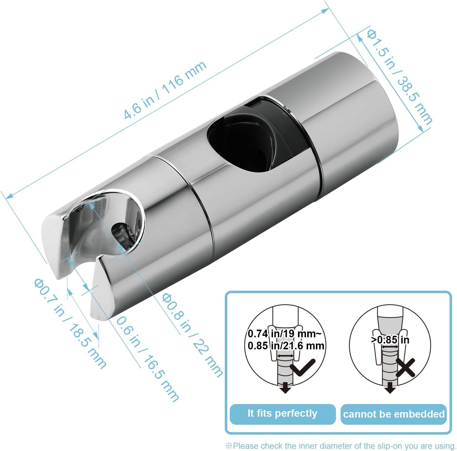 Shower Head Holder, Adjustable 0.75-1.00 in 19-25 mm Diameter Hand Shower Holder Bracket for Slide Bar, Detachable Slider Clamp Bathroom Replacement, 360 Degree Rotation Sprayer Holder, Chrome