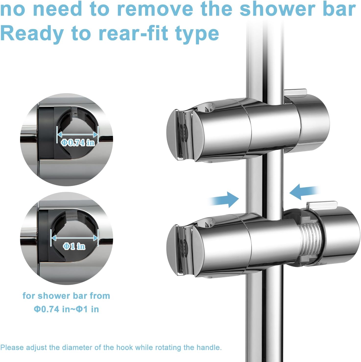 Shower Head Holder, Adjustable 0.75-1.00 in 19-25 mm Diameter Hand Shower Holder Bracket for Slide Bar, Detachable Slider Clamp Bathroom Replacement, 360 Degree Rotation Sprayer Holder, Chrome