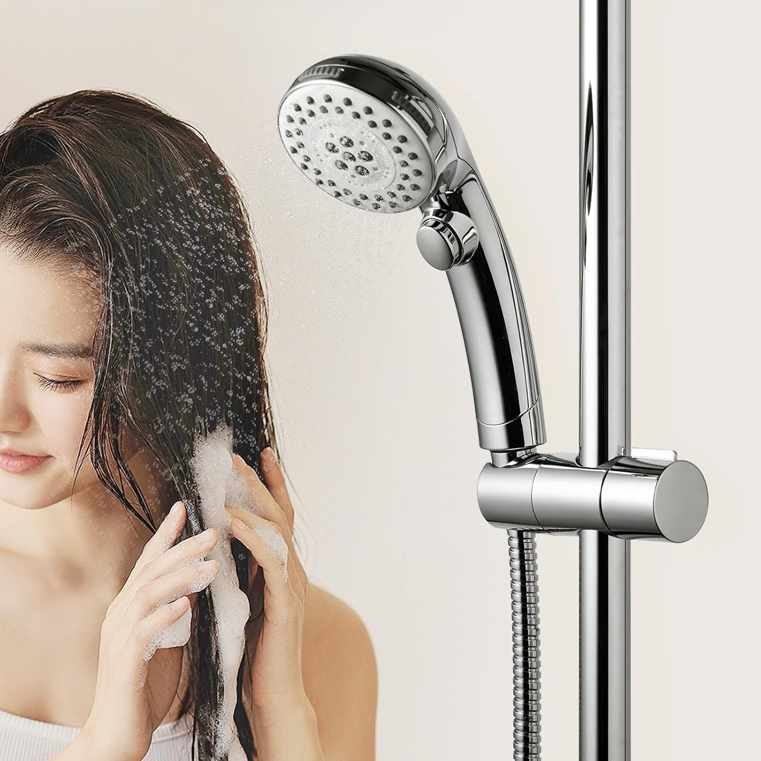Shower Head Holder, Adjustable 0.75-1.00 in 19-25 mm Diameter Hand Shower Holder Bracket for Slide Bar, Detachable Slider Clamp Bathroom Replacement, 360 Degree Rotation Sprayer Holder, Chrome