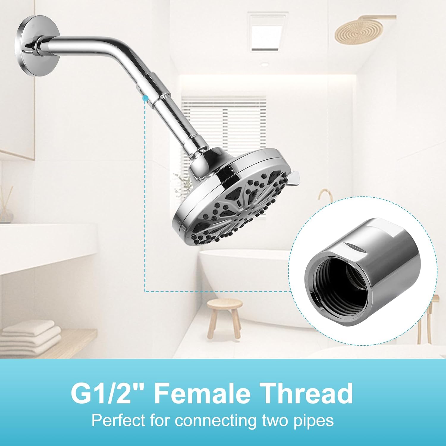 Shower Pipe Fitting, Brass Converter Adapter, G1/2 x G1/2 in Female Thread Shower Coupling for Shower Arm Home Bathroom Plumbing, Chrome