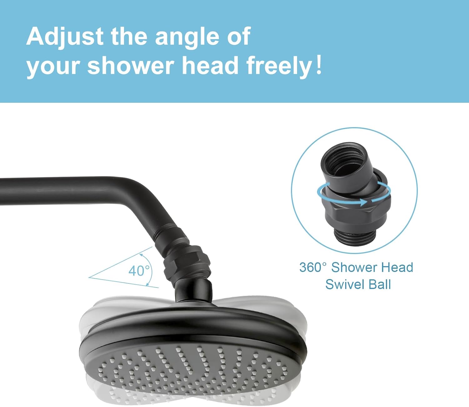 Shower Head Swivel Ball Adapter, All Metal Adjustable Shower Arm Extension Connector Universal Showering Component Solid Brass, Matte Black