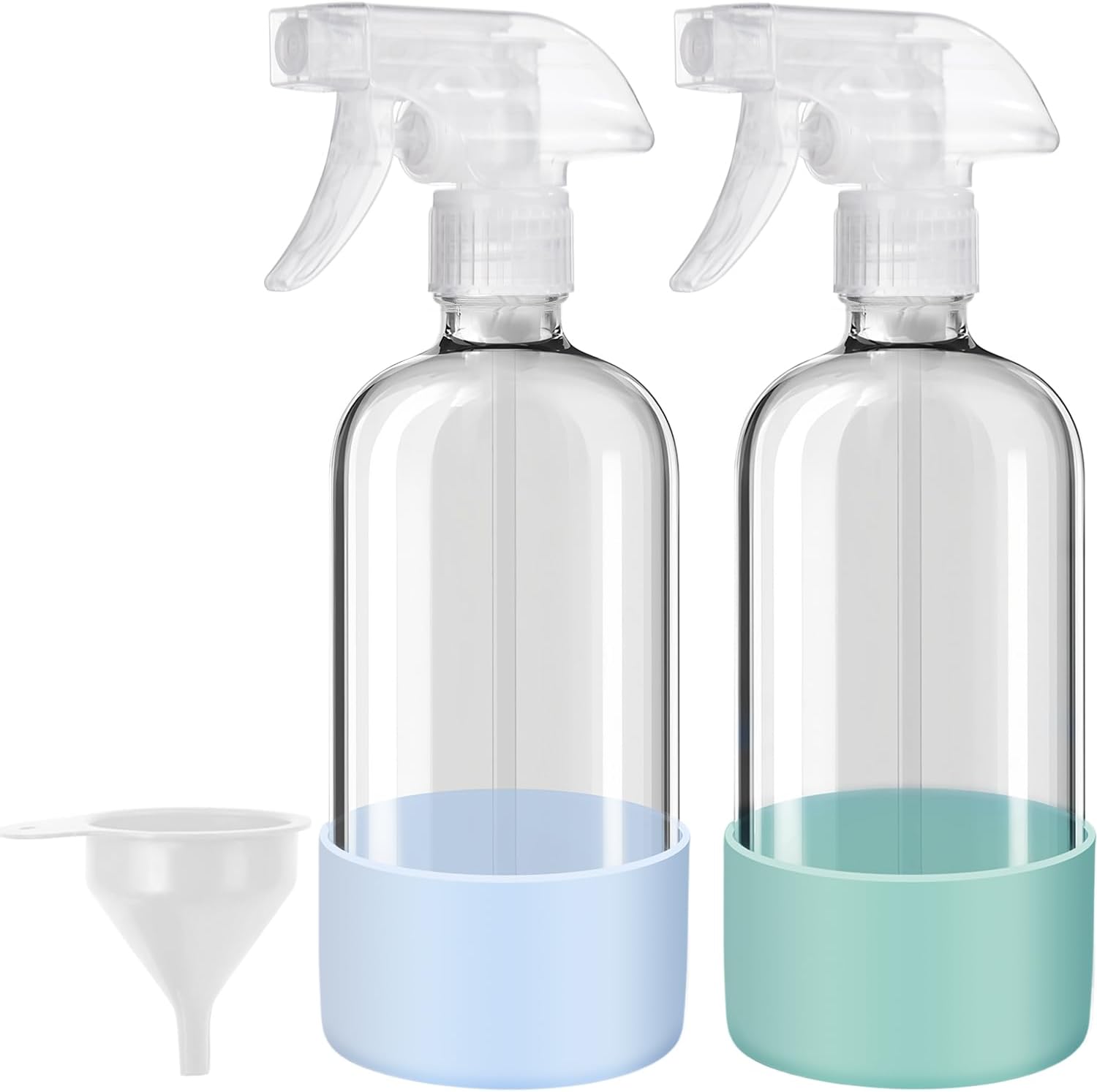 Glass Spray Bottles with Silicone Sleeves 2 Pack, 16 oz , Mist and Stream Empty Refillable Containers, Water Sprayer Misting Bottle for Cleaning Solutions, Planting, Hair Spraying, Green & Grey