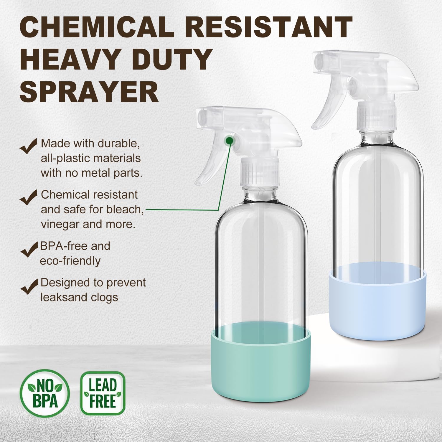 Glass Spray Bottles with Silicone Sleeves 2 Pack, 16 oz , Mist and Stream Empty Refillable Containers, Water Sprayer Misting Bottle for Cleaning Solutions, Planting, Hair Spraying, Green & Grey