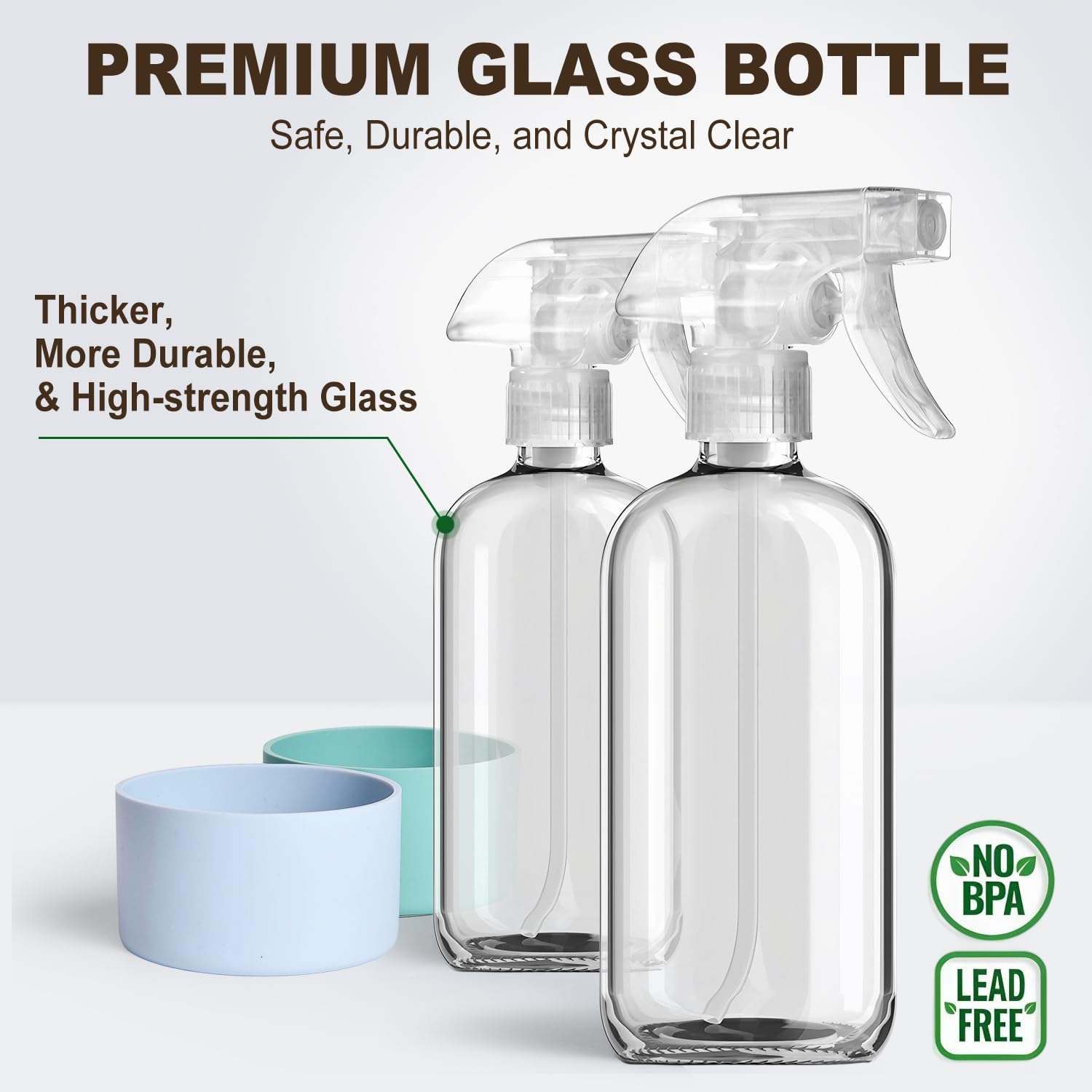 Glass Spray Bottles with Silicone Sleeves 2 Pack, 16 oz , Mist and Stream Empty Refillable Containers, Water Sprayer Misting Bottle for Cleaning Solutions, Planting, Hair Spraying, Green & Grey