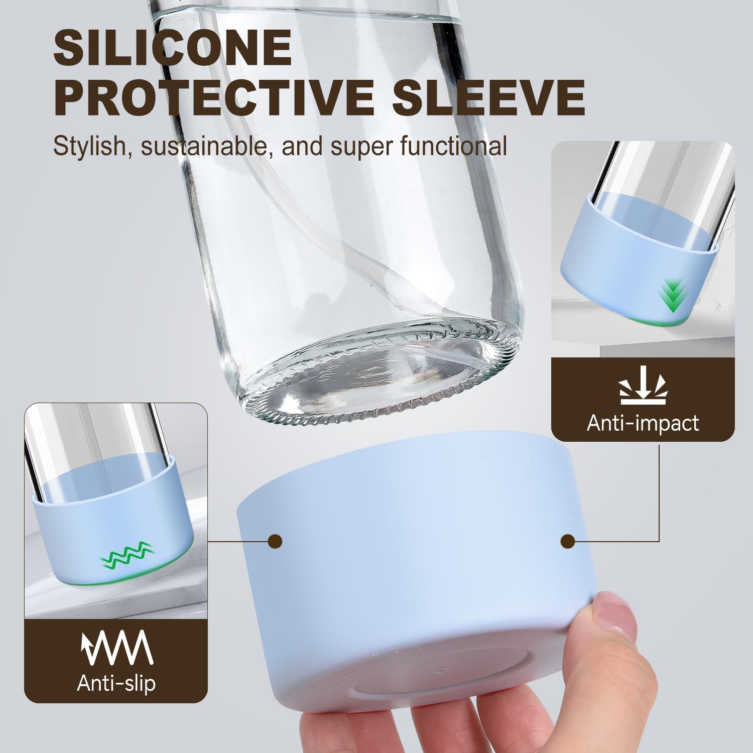 Glass Spray Bottles with Silicone Sleeves 2 Pack, 16 oz , Mist and Stream Empty Refillable Containers, Water Sprayer Misting Bottle for Cleaning Solutions, Planting, Hair Spraying, Green & Grey