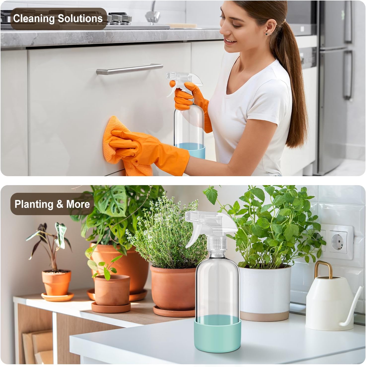 Glass Spray Bottles with Silicone Sleeves 2 Pack, 16 oz , Mist and Stream Empty Refillable Containers, Water Sprayer Misting Bottle for Cleaning Solutions, Planting, Hair Spraying, Green & Grey