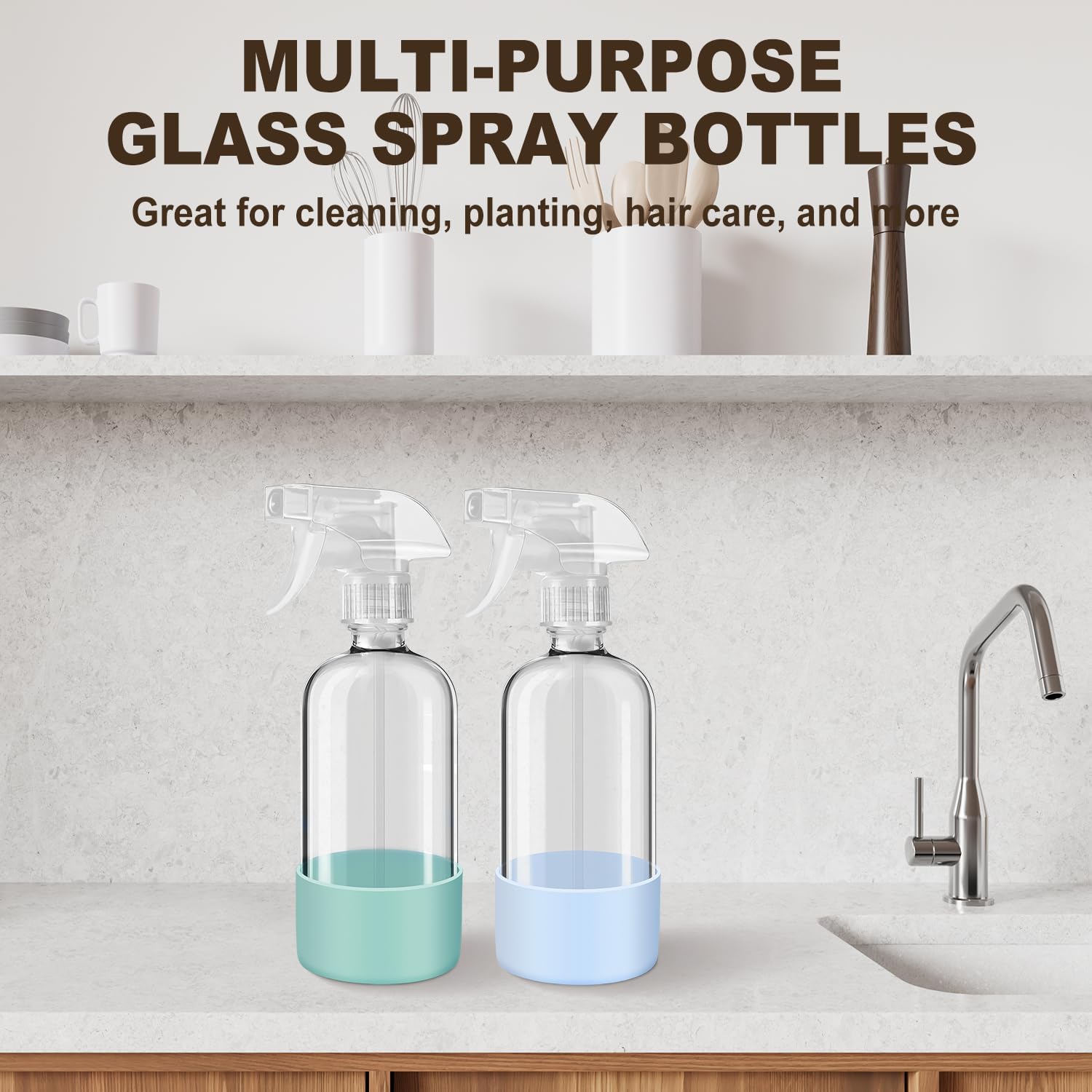 Glass Spray Bottles with Silicone Sleeves 2 Pack, 16 oz , Mist and Stream Empty Refillable Containers, Water Sprayer Misting Bottle for Cleaning Solutions, Planting, Hair Spraying, Green & Grey