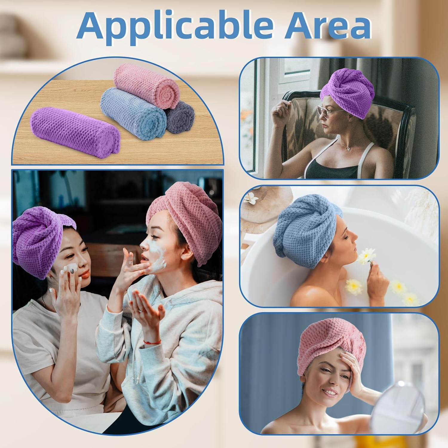 Hair Towel Wrap, 4 Packs 9.8 x 25.6 Inch Towel Turbans for Wet Hair, Dry Hair Towel, Headbands for Curly and Long Hair - Bathroom Must-Have for Ladies