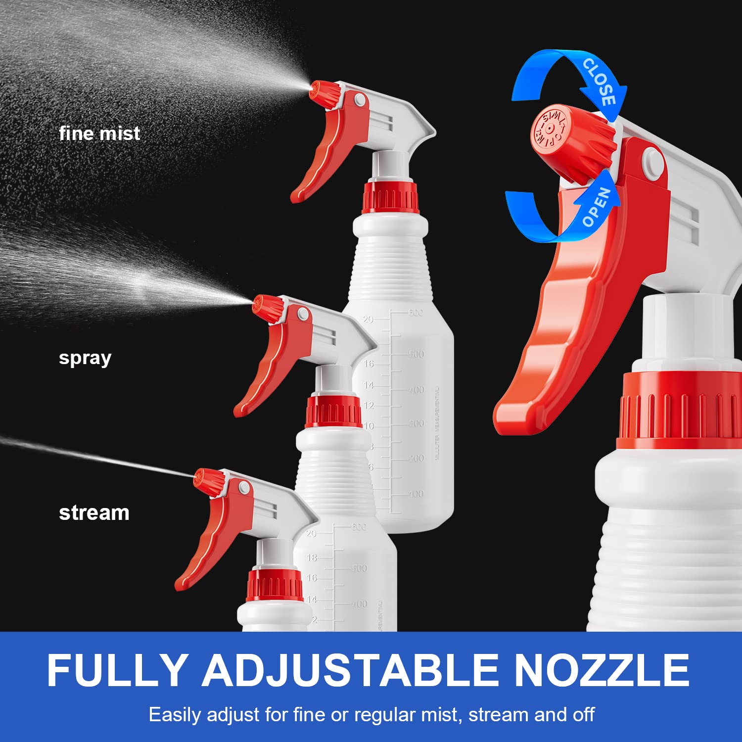 Spray Bottles 4 Pack, 24 Oz Refillable Empty Plastic Water Spraying Bottle for Cleaning Solutions, Hair Spray, Car Detail, Watering Plants, Heavy Duty Mist Stream Sprayer with Measurement