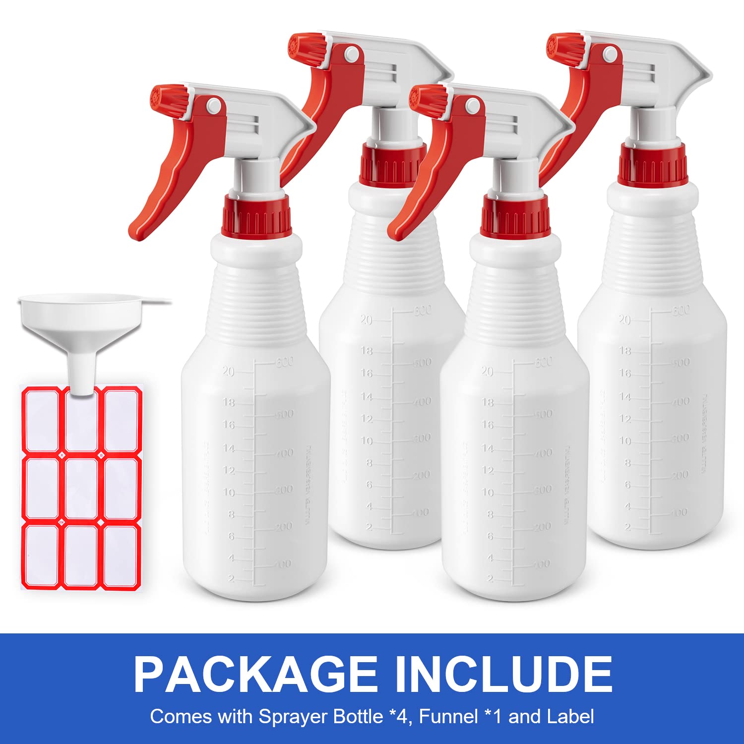 Spray Bottles 4 Pack, 24 Oz Refillable Empty Plastic Water Spraying Bottle for Cleaning Solutions, Hair Spray, Car Detail, Watering Plants, Heavy Duty Mist Stream Sprayer with Measurement