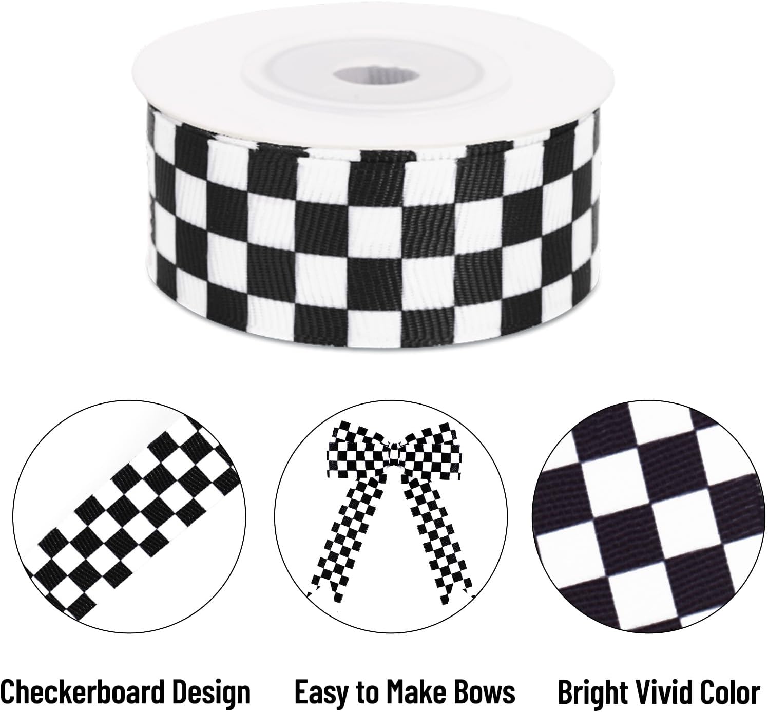 Black and White Checkered Ribbon - Racing Car Theme Black Grosgrain Buffalo Plaid Ribbon for Gift Wrapping, 1 in x 10 Yds White Gingham Ribbons for Crafts, Wreath, and Racing Cakes Decor