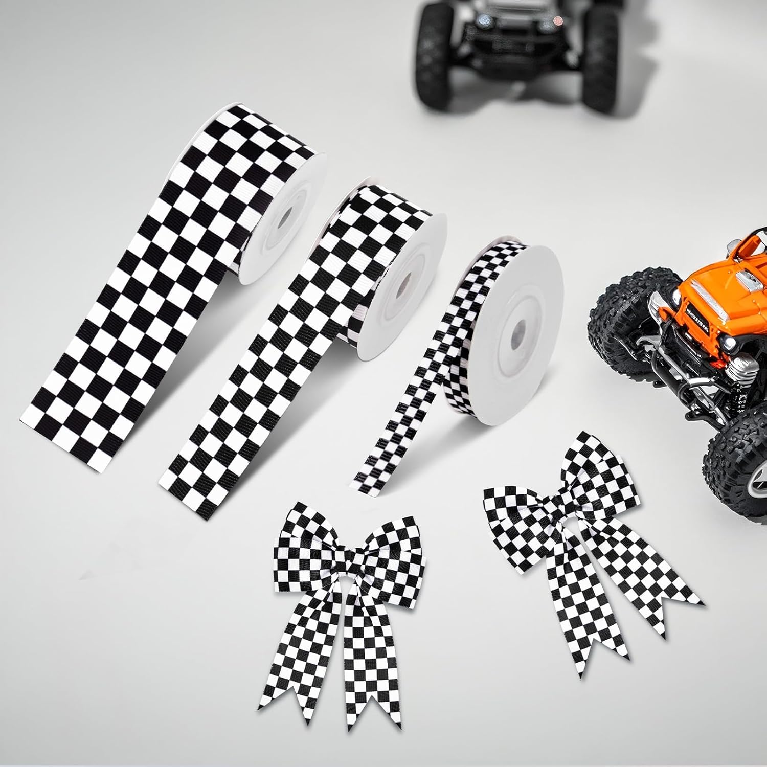 Black and White Checkered Ribbon - Racing Car Theme Black Grosgrain Buffalo Plaid Ribbon for Gift Wrapping, 1 in x 10 Yds White Gingham Ribbons for Crafts, Wreath, and Racing Cakes Decor