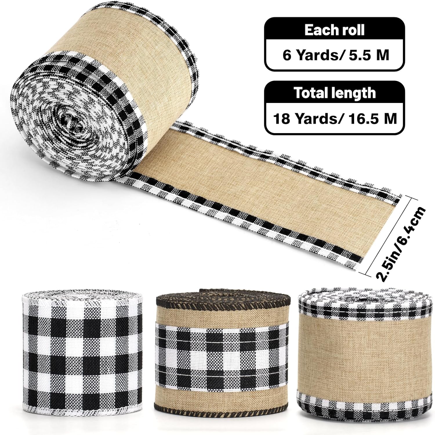 Buffalo Plaid Ribbon Wired – 3 Rolls 2.5'' x 18 Yards, Burlap Black and White Plaid Ribbons for Crafts, Christmas Gift Wrapping, Wreaths and Decoration