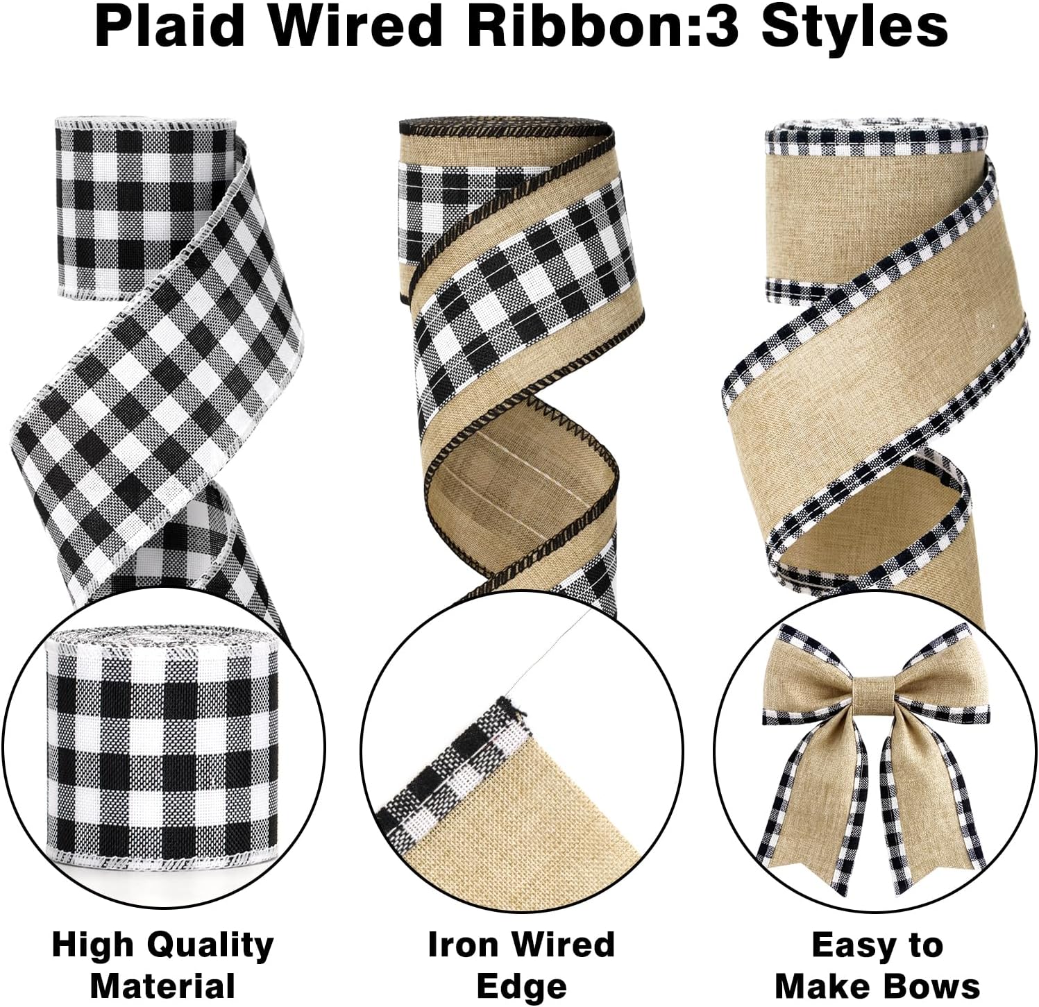 Buffalo Plaid Ribbon Wired – 3 Rolls 2.5'' x 18 Yards, Burlap Black and White Plaid Ribbons for Crafts, Christmas Gift Wrapping, Wreaths and Decoration