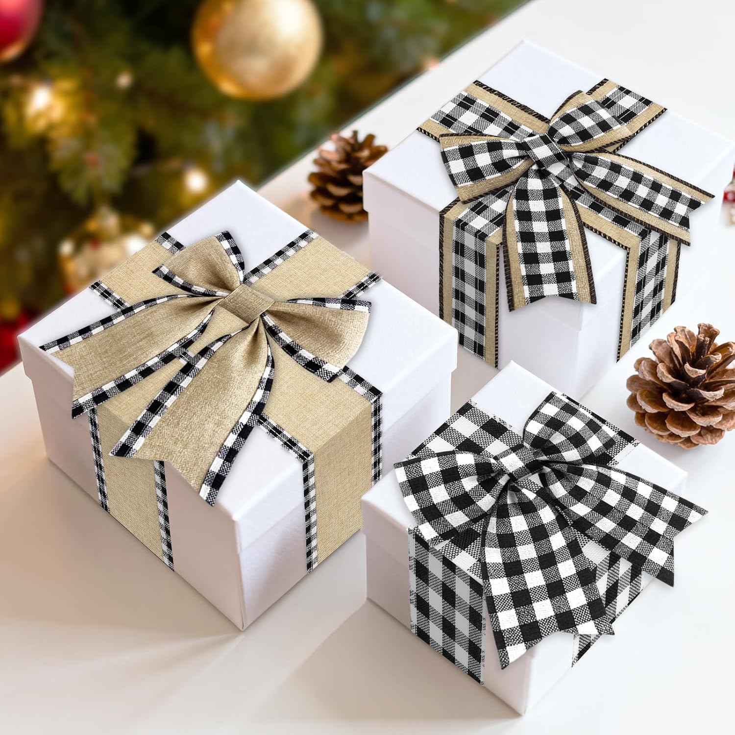 Buffalo Plaid Ribbon Wired – 3 Rolls 2.5'' x 18 Yards, Burlap Black and White Plaid Ribbons for Crafts, Christmas Gift Wrapping, Wreaths and Decoration