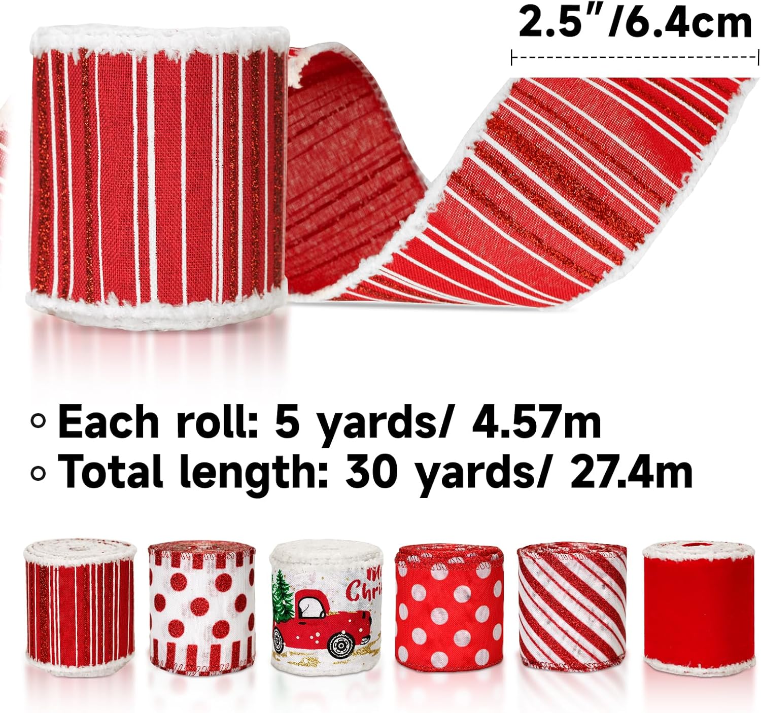 Christmas Ribbon Wired 2.5" x 30 Yards Red and White Ribbon for Christmas Tree Ribbon 6 Rolls Red White Wired Candy Cane Ribbons for Crafts Gift Wrapping Wreath Holiday Decor