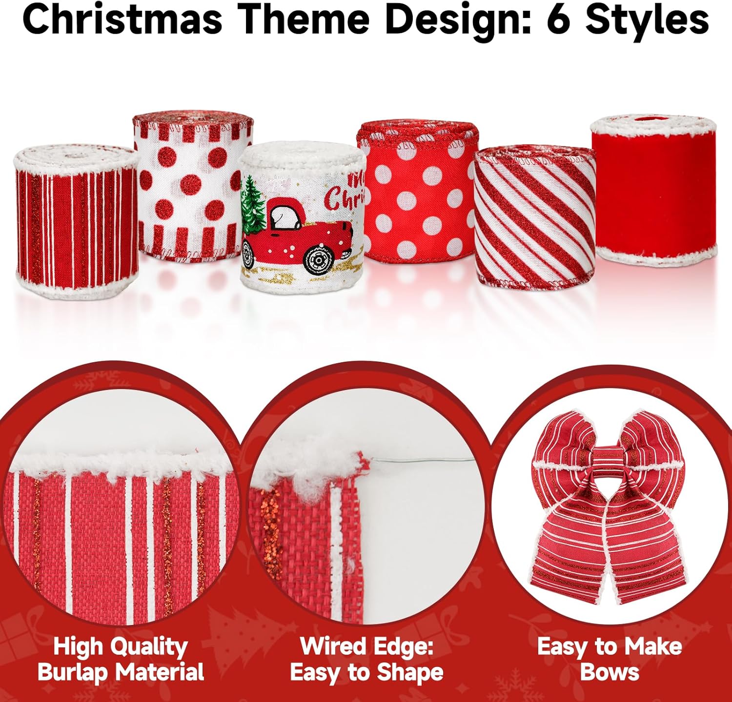 Christmas Ribbon Wired 2.5" x 30 Yards Red and White Ribbon for Christmas Tree Ribbon 6 Rolls Red White Wired Candy Cane Ribbons for Crafts Gift Wrapping Wreath Holiday Decor