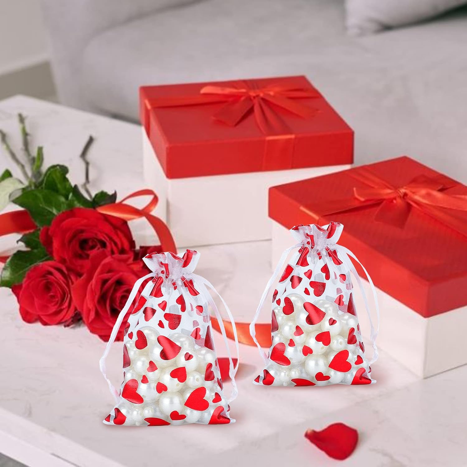 100 Pcs Red Organza Favor Gift Bags,4x6inch Valentine's Day Drawstring Gift Bags,Jewelry Gift Pouches Mesh Party Favor Bags